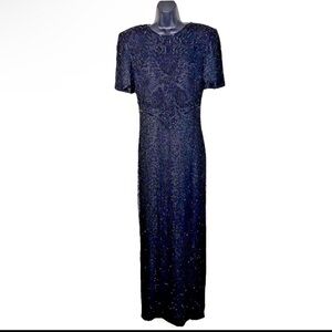 Laurence Kazar Cocktail Dress M Vtg 1980s Silk fully Beaded Formal Gown long